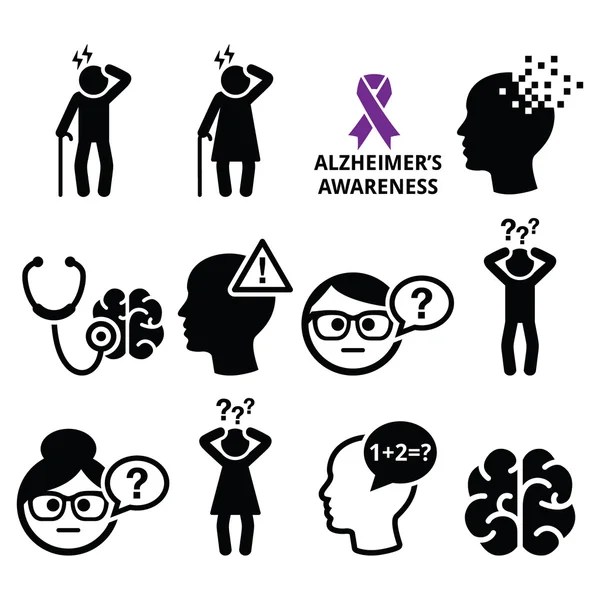 Salud de las personas mayores: enfermedad de Alzheimer y demencia, conjunto de iconos de pérdida de memoria — Vector de stock