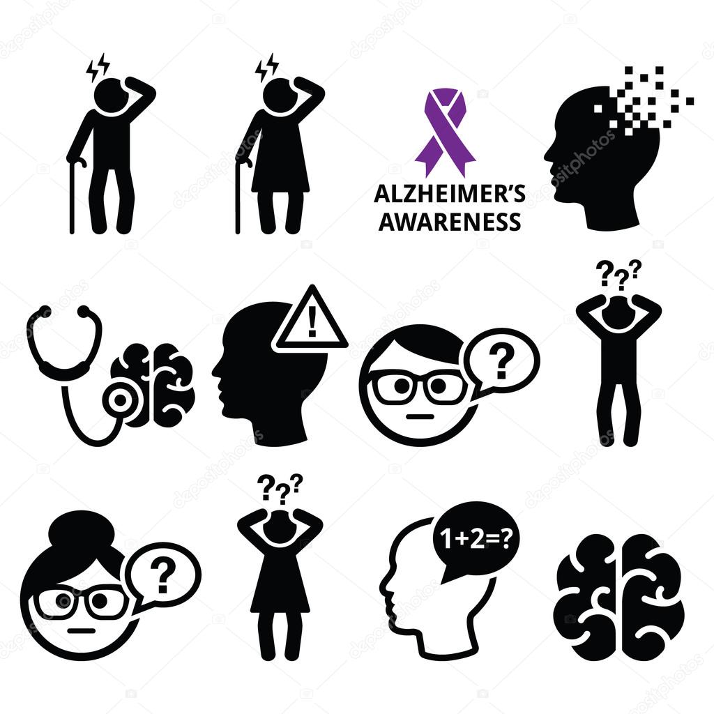 Seniors health - Alzheimer's disease and dementia, memory loss icons set