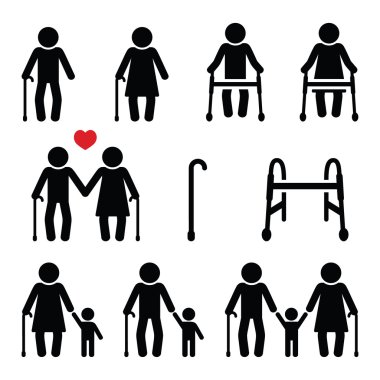 Yaşlı insanlar, baston veya Zimmer çerçeve, büyükanne ve büyükbaba simgeleri ile yaşlılar 