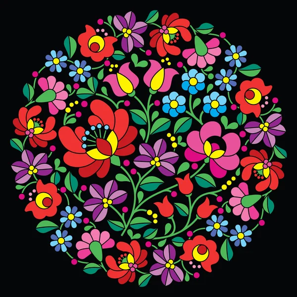 Kalocsai bordado de arte popular - rojo húngaro patrón floral redondo en negro — Vector de stock