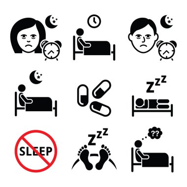 Insomnia, people having trouble with sleeping icons set  clipart