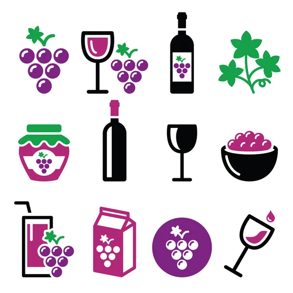 Conjunto de iconos de uvas, vino, alimentos y bebidas — Vector de stock