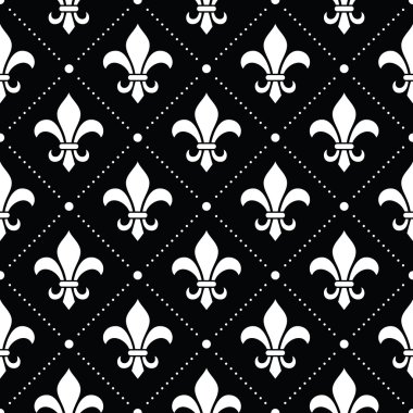 Fransız Şam arka plan - Fleur de lis beyaz desen siyah