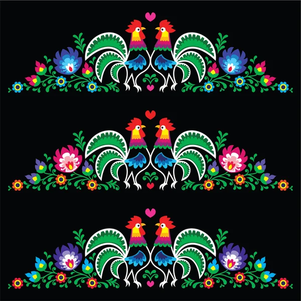 Польского народного искусства вышивки с петухи - традиционные народные картины - Wzory Lowickie на черном — стоковый вектор