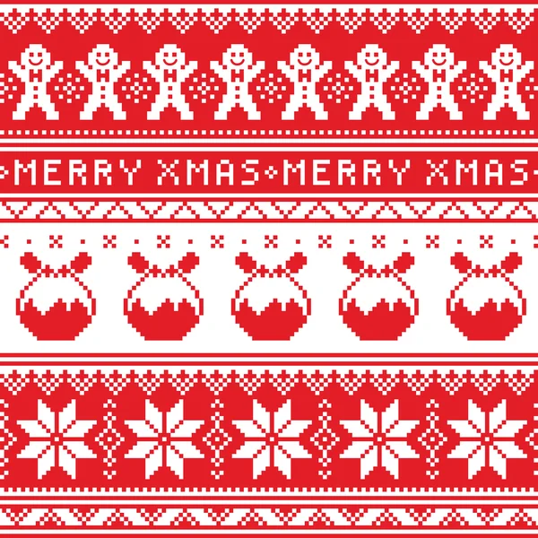 圣诞节的跳线或毛衣无缝模式与姜饼人和圣诞布丁 — 图库矢量图片