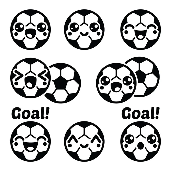 Kawaii voetbal of soccer ball - leuke tekenset pictogrammen — Stockvector