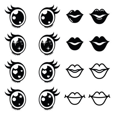 Kawaii cute eyes and lips icons set, Kawaii character clipart