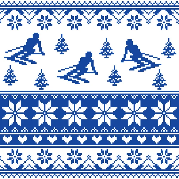 Winter knit pattern - man skiing - white and navy blue background — Stock Vector