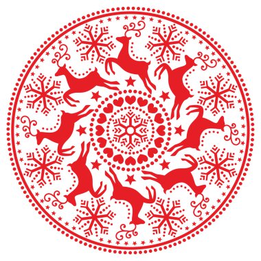 Noel, kış desen Ren geyiği - Halk sanat tarzı ile yuvarlak