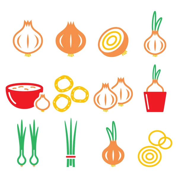 Cebolla, cebolletas coloridos iconos conjunto — Vector de stock