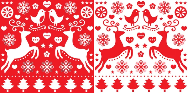 Christmas red greetings card pattern with reindeer - folk art style — Stock Vector