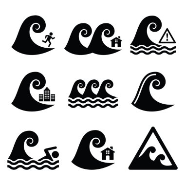 Tsunami, büyük dalga uyarı, tarafsız felaket Icons set 