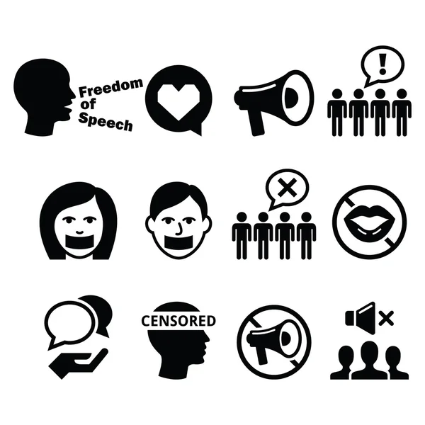 Freedom of speech, human rights, freedom of expression, censorship concept - vector icons set — Stock Vector