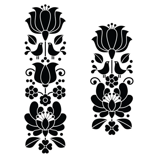 Fekete kalocsai hímzés - magyar virágos népművészeti hosszú minták — Stock Vector
