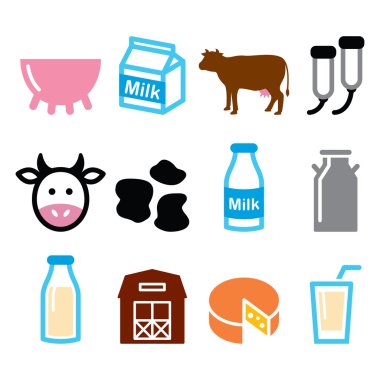 Süt, peynir üretimi, inek vector Icons set 
