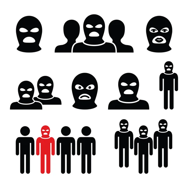 Groupe terroriste, personnes dangereuses dans les icônes de la cagoule mis — Image vectorielle