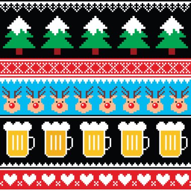 Christmas jumper or sweater seamless pattern with beer, reindeer and trees    clipart