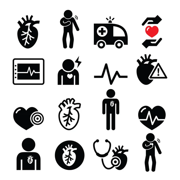 Enfermedades cardíacas, ataque cardíaco, conjunto de iconos de enfermedades cardiovasculares — Vector de stock