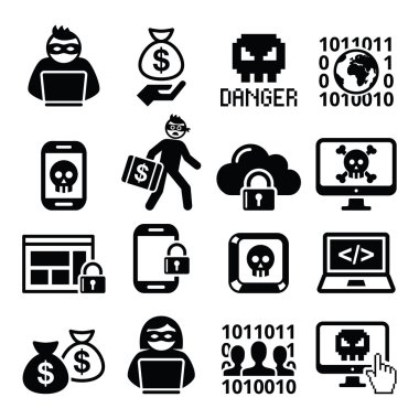 Hacker, siber saldırı, siber suç Icons set 