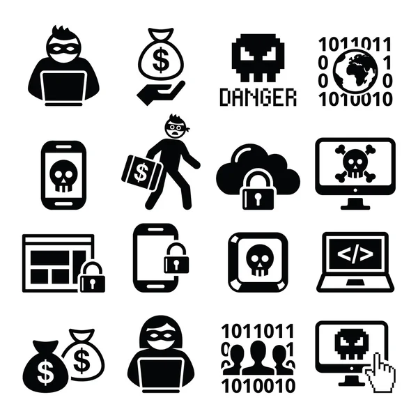 Hacker, cyber aanval, cyber misdaad icons set — Stockvector