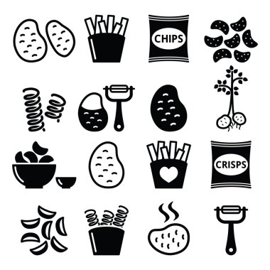 Patates, patates kızartması, cips, cips vector Icons set 