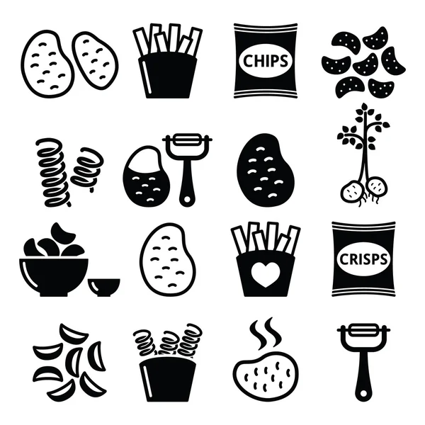 Patata, papas fritas, patatas fritas, chips vector iconos conjunto — Archivo Imágenes Vectoriales