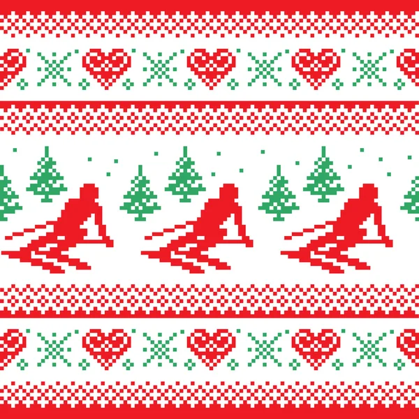 Patrón inconsútil de Navidad, invierno rojo y verde: el hombre esquiando en las montañas — Archivo Imágenes Vectoriales