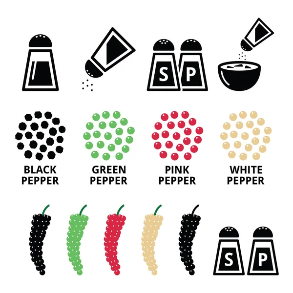 Iconos de especias - pimienta negra, diseño rojo, verde y blanco — Vector de stock