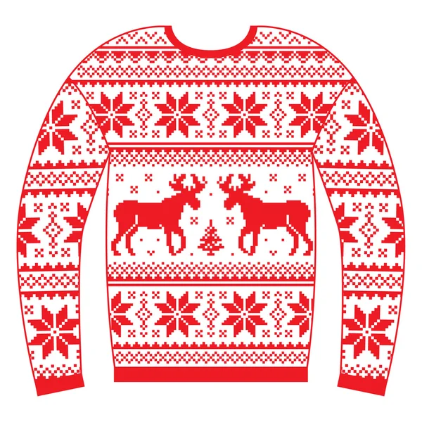 Ugly Christmas jumper or sweater with reindeer and snowflakes red pattern — Stock Vector