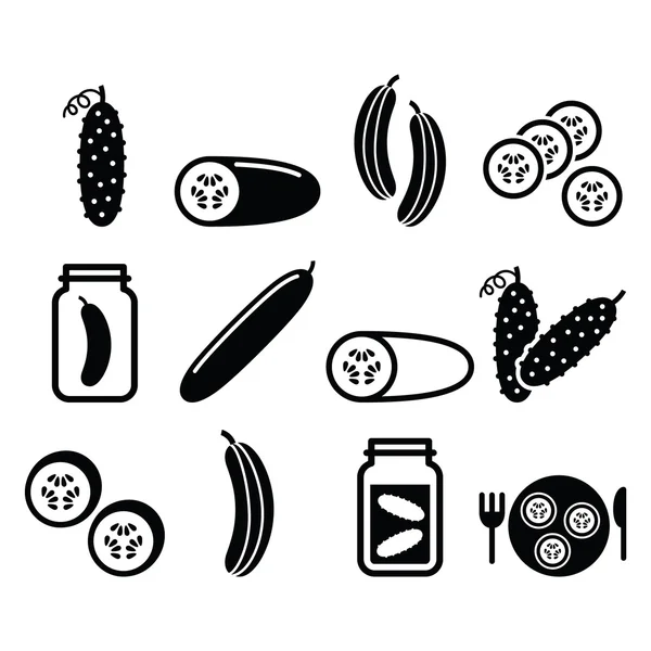 Concombre, mariné, tranches de concombre - icônes vectorielles alimentaires ensemble — Image vectorielle
