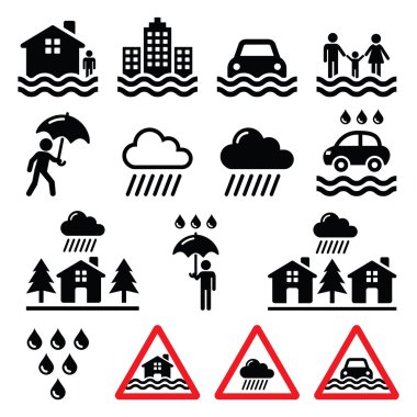Sel, doğal afet, şiddetli yağmur Icons set 