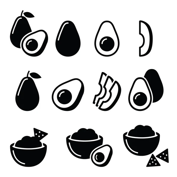 Avocado cut in half, fruit, guacamole with nachos icons set — Stock Vector