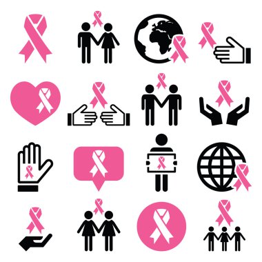 Meme Kanseri Bilinçlendirme pembe kurdeleler Icon set 