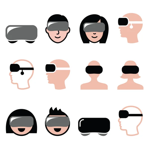 Virtual reality headset for 3D gaming, viewing icons — Stock Vector