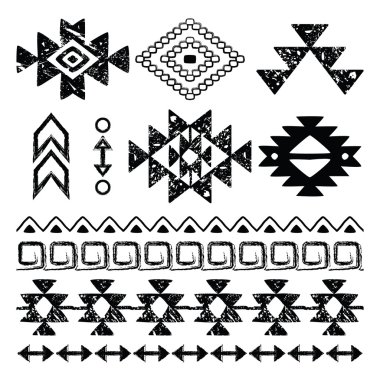 Navajo çizilmiş baskı, retro Aztek desen, aşiret tasarım öğeleri çizikler ile el 