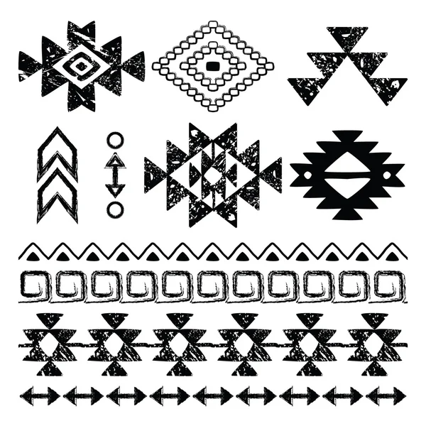 나바호족 손으로 그려진된 인쇄, 복고풍 아즈텍 패턴, 긁힘과 부족 디자인 요소 — 스톡 벡터