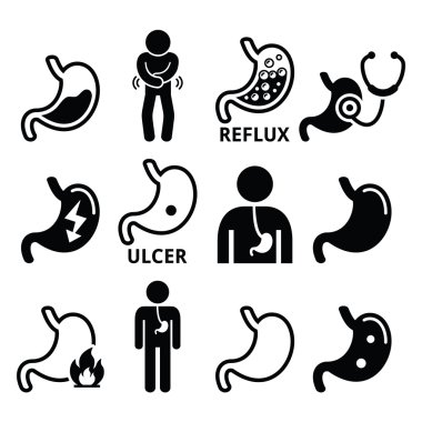 Stomach diseases - reflux, ulcer vector icons set  clipart