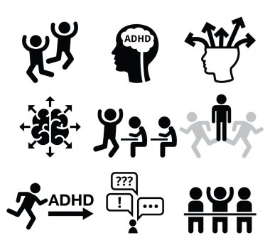 DEHB - dikkat eksikliği hiperaktivite bozukluğu vector Icons set 