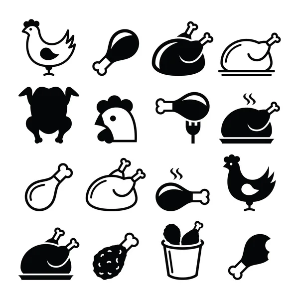 Chicken, fried chicken legs - food icons set — Stock Vector