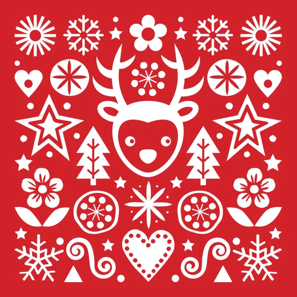 赤いグリーティングカードのデザイン トナカイ 雪の結晶 クリスマスツリーや花とかわいいお祝いのパターンでクリスマス北欧民俗芸術ベクトル白 — ストックベクタ
