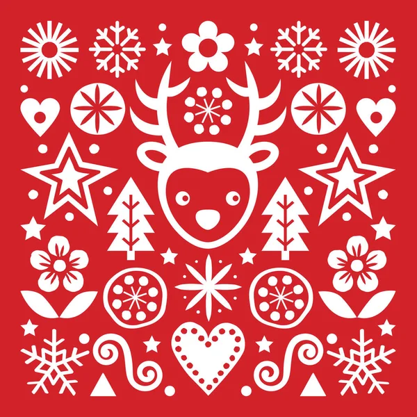 Kerst Scandinavische Folk Kunst Vector Wit Rode Wenskaart Ontwerp Schattig — Stockvector