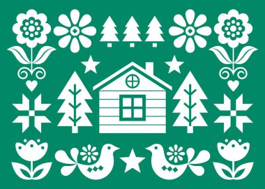 Noel İskandinav halk sanatı tebrik kartı tasarımı beyaz arka planda 5x7 formatında Noel ağaçları, kuşlar, çiçekler ve Fin eviyle birlikte. Çiçek elementleri, hayvanlar, yıldızlar ve kar taneleriyle İskandinav Xmas şenliği arka planı