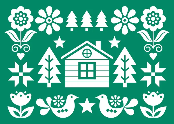 Weihnachten Skandinavische Volkskunst Vektor Grußkarte Design Weiß Auf Grünem Hintergrund — Stockvektor