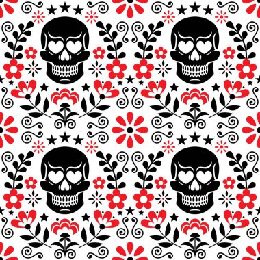 Meksikalıların kafatası ve çiçek desenleri kusursuz, Cadılar Bayramı ve Ölülerin Günü beyaz arka planda siyah ve kırmızı renkte tekrarlanan çiçek deseni - halk sanatı tarzı. Calavera serin desen, folky duvar kağıdı veya tekstil baskısı