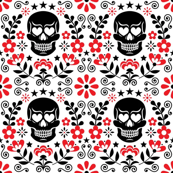 Cráneo Mexicano Flores Vector Patrón Sin Costuras Halloween Día Los — Archivo Imágenes Vectoriales