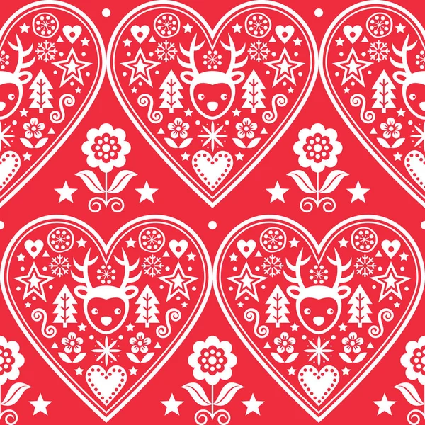 クリスマス北欧ベクトルハートシームレスパターン トナカイ 雪の結晶クリスマスツリーや花と民俗芸術スタイルのテキスタイルデザイン 赤の白でかわいい北欧の装飾的な背景 クリスマスを祝う 愛の概念 — ストックベクタ