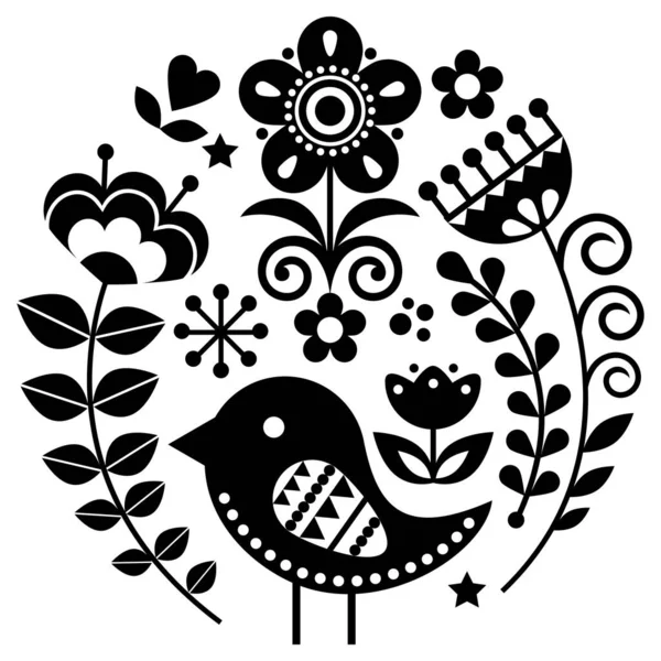 Scandinavian Folk Art Vector Pattern Flowers Bird Circle Black Floral — Stock Vector