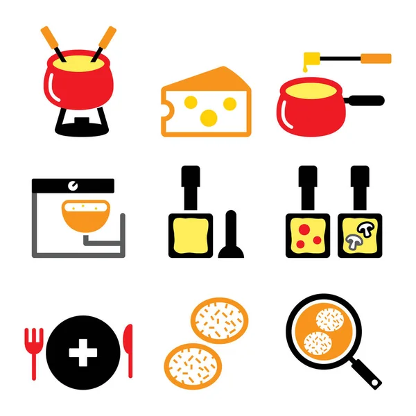 Swiss Food Dishes Vector Icons Set Fondue Raclette Rsti Cheese — Stock Vector