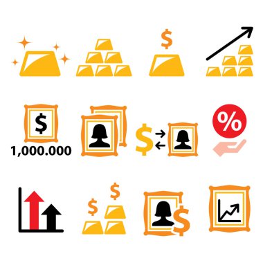 Alternatif yatırımlar - altın ve sanata yatırım yapmak, finans vektör simgeleri belirlendi