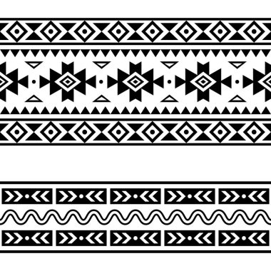 Aztek Navajo geometrik kusursuz trend vektörü. İki model belirlendi, beyaz arkaplanda tekrarlanan tasarımlar. 